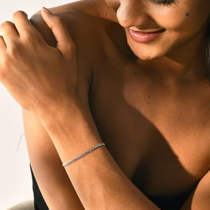 Solid 925 Sterling Silver Bracelets for Women, Dainty Interlocking Circles Cubic Zirconia Adjustable Chain Bracelet, Trendy Stackable Link Bracelets, Simple Cute Jewelry Gifts - color: Silver Cuban Chain