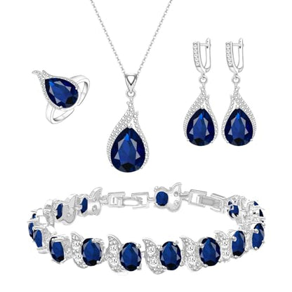 LMXXVJ Jewelry Set for Women,Teardrop Cubic Zirconia Necklace Earrings Adjustable Ring Bracelet Jewelry Set Formal Jewelry Gift - color: ZYSD-White Gold-Blue
