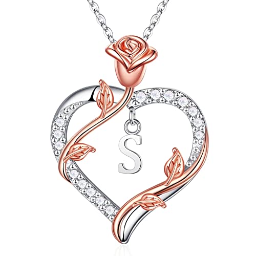 Iefil Anniversary Birthday Gifts for Women, Rose Heart Initial Necklace | Gift Box Packaging, 925 Sterling Silver, Jewelry Gifts for Women Her Wife Mom Girlfriend, Initial A-Z, 19+2inches - color: IEFIL JEWELRY BOX, style: S