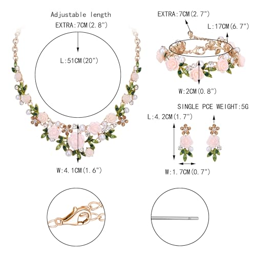EVER FAITH Costume Jewelry Crystal Simulated Pearl Rose Flower Leaf Prom Party Statement Necklace Earrings Bracelet Set for Women - color: Light Pink Gold-Tone