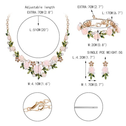 EVER FAITH Costume Jewelry Crystal Simulated Pearl Rose Flower Leaf Prom Party Statement Necklace Earrings Bracelet Set for Women - color: Light Pink Gold-Tone