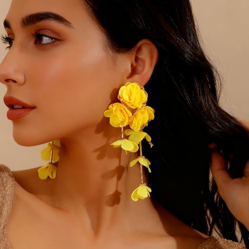 Fabric Flower Earrings for Women Colorful Long Tassel Floral Drop Earrings Fashion Boho Exaggerated Statement Beach Party Jewelry - color: yellow