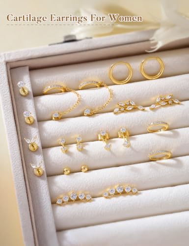 10 Pairs Hypoallergenic Cartilage Flatback Stud Earring for Women | 14K Gold Plated Flatback Stud Hoop Earring Sets for Helix Tragus Conch Piercing Jewelry Earring for Women Trendy - color: 14K Gold Plated