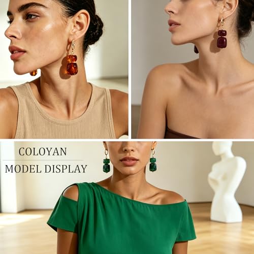 COLOYAN 12 Pairs Multicolor Resin Beaded Drop Earrings for Women | 14K Gold Plated, Hoop Dangle, Lightweight Geometric Square Acrylic, Boho Statement, Women Daily Wear Vacation Gift