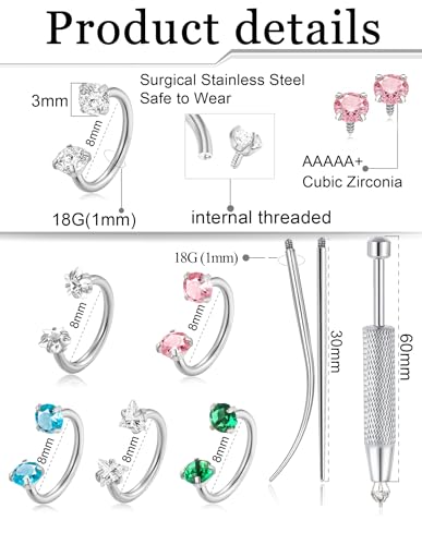 Horseshoe Nose Ring for Women Surgical Steel 18G Double Gem Nose Ring Hoop Cartilage Helix Daith Tragus Half Hoop Earrings Septum Labret Lip Eyebrow Piercing Jewelry Silver Plated - color: A: Silver 6Pcs(blue)