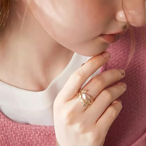 Mettclasi Women's 14K Gold Plated Stackable Ring Crystal Inlaid Dainty Trendy Cute Adjustable Open Twist Rings Jewelry Gifts - style: Leaf