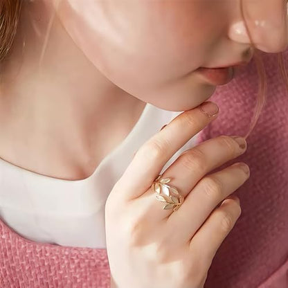 Mettclasi Women's 14K Gold Plated Stackable Ring Crystal Inlaid Dainty Trendy Cute Adjustable Open Twist Rings Jewelry Gifts - style: Leaf