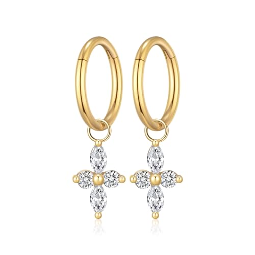 Ourania 16G Gold Stainless Steel Zircon Dangle Huggie Hoop Rook Piercing Helix Hoop Earring Tragus Hoop Cartilage Piercing for Women - color: Flower Gold 2PCS, size: 1.2*8mm 2pcs