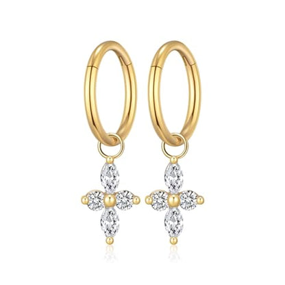 Ourania 16G Gold Stainless Steel Zircon Dangle Huggie Hoop Rook Piercing Helix Hoop Earring Tragus Hoop Cartilage Piercing for Women - color: Flower Gold 2PCS, size: 1.2*8mm 2pcs
