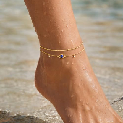 Gold/Sterling Silver Anklet Bracelets for Women Waterproof, Non Tarnish 925 Sterling Sliver Plated Heart Evileye Butterfly Charm, Dainty Summer Beach Anklets for Women, Beach Vacation Bikini Outfits for Her Mom - style: Evil eye-Gold