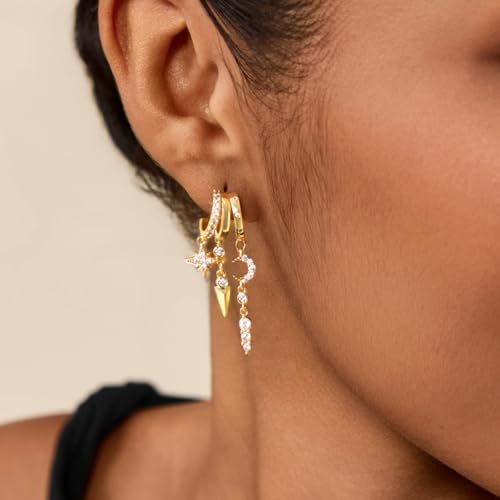 Cicy Bell Gold Earrings For Women 18k Gold Plated Triple Dangle Earrings | Hypoallergenic Drop Huggie Earrings Small Hoop Statement Chain Tassel Earrings Trendy Jewelry Gifts - color: Style A-Gold