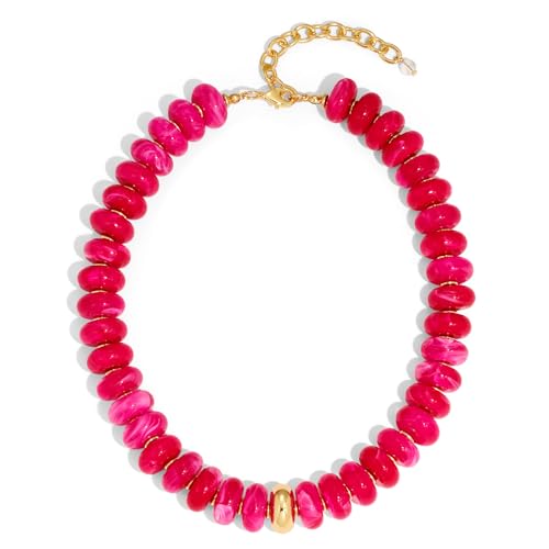 Beaded necklace for Women Boho Bead Gemstone Chunky Necklace Big Bead Necklace Fashion Trendy Summer Necklaces Jewelry Gifts - color: Rose Red&GD Beaded