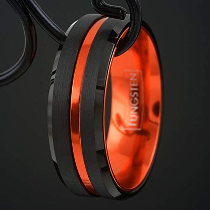 Engraved Personalized 6mm/8mm Brushed Finish Black Tungsten Carbide Band Ring w/Metallic Orange Stripe & Matching Anodized Aluminum Inner Band.