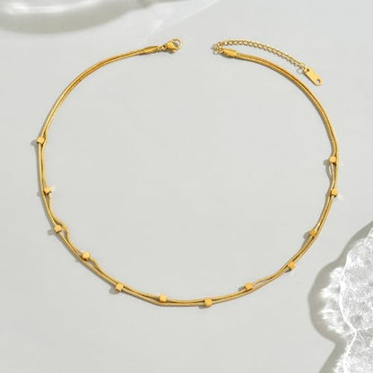 18K Gold Plated Layered Herringbone Necklaces for Women Dainty Layering Beaded Snake Chain Choker Moon Coin Pendant Necklace Trendy Stainless Steel Jewelry - color: Double Square-Gold