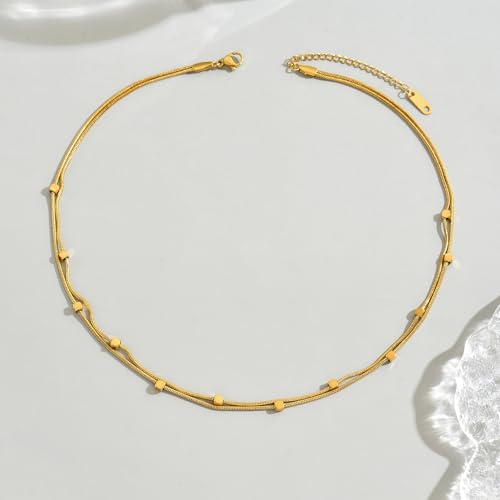 18K Gold Plated Layered Herringbone Necklaces for Women Dainty Layering Beaded Snake Chain Choker Moon Coin Pendant Necklace Trendy Stainless Steel Jewelry - color: Double Square-Gold