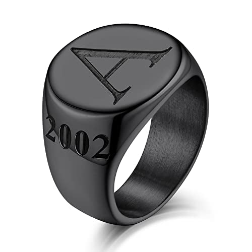 KeyStyle Stainless Steel Signet Rings Personalized for Men, Womens Custom Engraved Round Pinky Ring, Cool Ring Biker Rings Peronalised Gifts for Father Husband Mother (Size 7-13) - color: Black