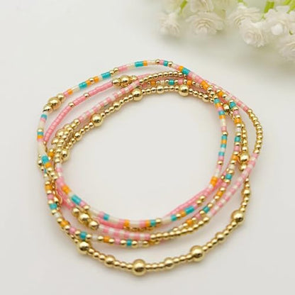 5Pcs Stack Gold Plated Ball Beaded Bracelets Set for Women, Boho Handmade Colorful Glass Pearl Stretch Accessories Jewelry, Summer Beach Daily Wear Holiday Friendship Gift - color: Pink