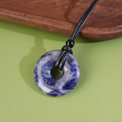 FANASY Natural Gemstone Pendant Necklce Lucky Coin Crystal Necklace Protection Donut Pendnat with Adjustable Rope for Men Women - color: Blue Jasper