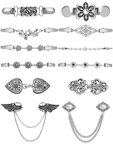 12pcs Vintage Sweater Shawl Clips Retro Cardigan Collar Shirt Waist Dresses Chain Clip Antique Flowers Pattern Brooch Pins for Women - style: B:12Pcs