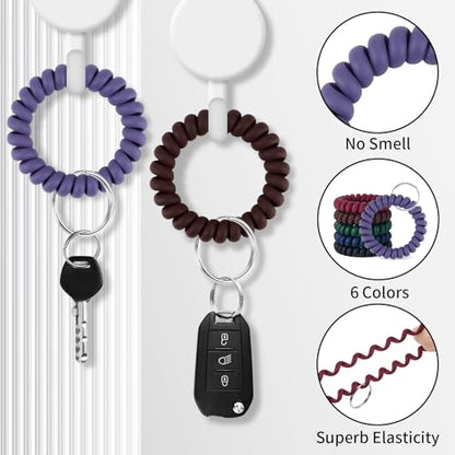 QIUTIMIY 6PCS Wristlet Keychain, Colorful Spiral Coil Hair Tie for Women, Sauna Accessaries Wrist Coil Key Ring Key Holder - color: Matte(dark)-s