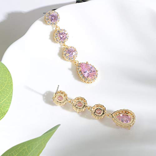 Women's Cubic Zirconia Bridal Earrings - Elegant Long Wedding Party Prom Earring for Bride Bridesmaids Crystal CZ Rhinestone Chandelier Statement Dangle Drop Earrings for girls - color: Pink-gold