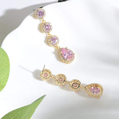 Women's Cubic Zirconia Bridal Earrings - Elegant Long Wedding Party Prom Earring for Bride Bridesmaids Crystal CZ Rhinestone Chandelier Statement Dangle Drop Earrings for girls - color: Pink-gold