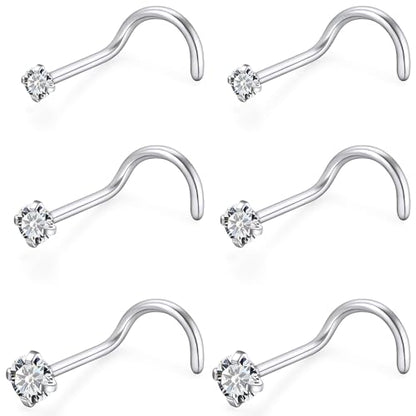 18G 20G 22G Stainless Surgical Steel Titanium Nose Rings Studs for Women L Shaped Nose Rings Screw Nose Studs Nostrial Piercing Jewelry for Women Men Silver Gold Black - style: 22G/Clear CZ/Screw/Silver