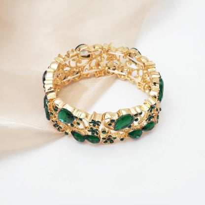 CSY Elegant Crystal Costume Jewelry Sets Flower Bridal Necklace Earrings Stretch Bangle Set for Bride Bridesmaid Wedding Dress Accessories - color: Green Crystal-Gold Tone