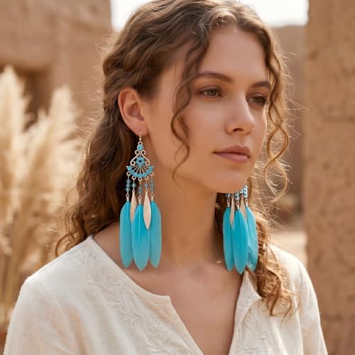 FRESHME Feather Earrings for Women - Native American Jewelry Boho Dangle Ethnic Indian Ear Drop for Music Festival Birthday - color: Blue