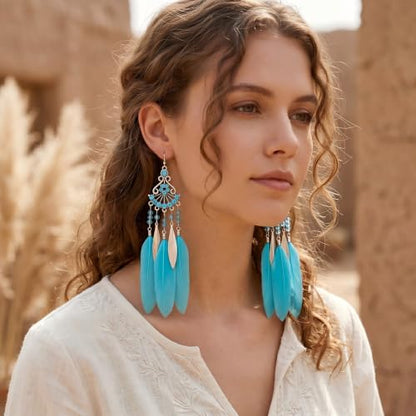 FRESHME Feather Earrings for Women - Native American Jewelry Boho Dangle Ethnic Indian Ear Drop for Music Festival Birthday - color: Blue