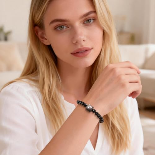Agate Round Beaded Bracelet for Women Men Natural Agates Stone Healing Bracelets Stretch Elastic Handmade Polished Gemstone Beads Bracelet - color: Cat Black Obsidian, size: 8mm Beads