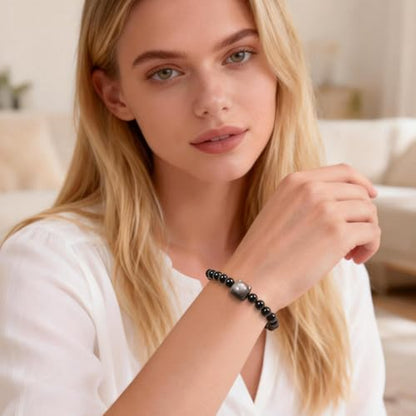 Agate Round Beaded Bracelet for Women Men Natural Agates Stone Healing Bracelets Stretch Elastic Handmade Polished Gemstone Beads Bracelet - color: Cat Black Obsidian, size: 8mm Beads
