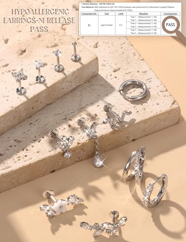 20G 18G Threadless Flat Back Earrings 316L Surgical Steel, 12PCS | Hypoallergenic Push in Stud Earrings, 14K Gold Plated Cartilage Earring Stacks, Helix Conch Tragus Nose Piercing Jewelry - color: Silver Tone, size: 18G-6MM Bar
