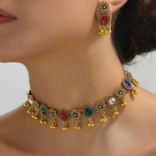 Frodete Indian Jewelry Sets for Women Traditional Bohemian Wedding Jewelry Set Indian Dresses for Women Oxidized Ethnic Party Prom Wear - color: A1:colorful indian necklace earring sets