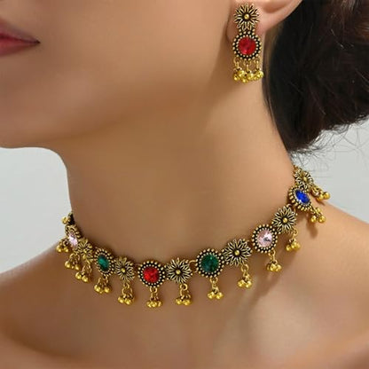 Frodete Indian Jewelry Sets for Women Traditional Bohemian Wedding Jewelry Set Indian Dresses for Women Oxidized Ethnic Party Prom Wear - color: A1:colorful indian necklace earring sets