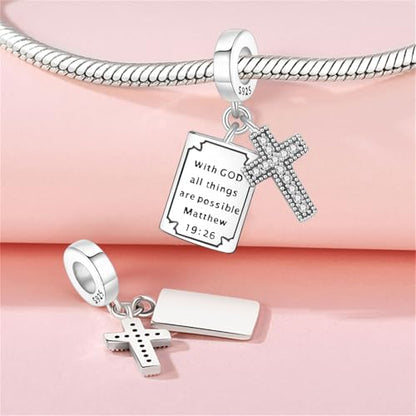 925 Sterling Silver Charms for Bracelets and Necklace Religious Cross Pendants Praying Hands, Bible, Virgin Mary, Jesus, Church Bead Jewelry - color: Bible Cross Pendant