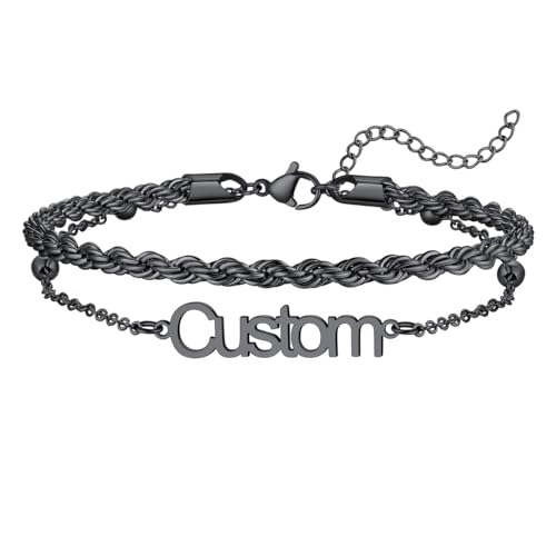 U7 Custom Layered Ankle Bracelets for Women Stainless Steel Bead/Cuban/Figaro/Rope/Wheat Chain Anklet Waterproof Anklet Jewelry for Beach Vacation - color: c-Black-Rope Chain