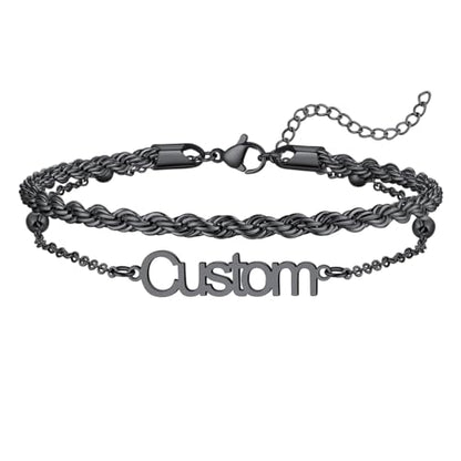 U7 Custom Layered Ankle Bracelets for Women Stainless Steel Bead/Cuban/Figaro/Rope/Wheat Chain Anklet Waterproof Anklet Jewelry for Beach Vacation - color: c-Black-Rope Chain