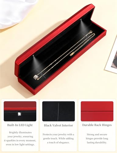 Hatori Long Chain Necklace Jewelry Gift Box with LED Light, Bracelet Storage Case, Jewellry Display Box for Wedding, Engagement, Proposal, Birthday, Anniversary - color: Red