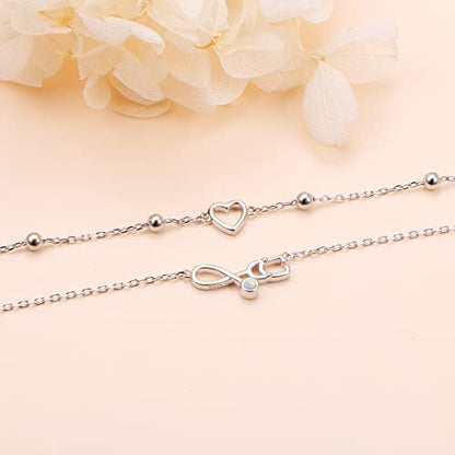 Flyow Anklet for Women S925 Sterling Silver Adjustable Foot Beaded Heart Charm Ankle Bracelet Anklets Jewelry - style: Stethoscope