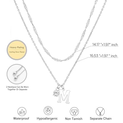 Sterling Silver Initial Necklaces for Women Girls Dainty Letter Necklace Stack Non Tarnish Silver Layered Necklaces Simple Chain CZ Diamond Pendant Necklaces Stacked A-Z Name Personalized Trendy Jewelry Gift - style: M