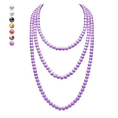 Women's Long Pearl Necklace - Natural Cultured Pearls - Luxurious 8mm Strand Pearls - 1920s Timeless Elegance - Great for Wives, Girlfriends, Sisters, and Besties - Length 60In/71In - color: Royal Violet, size: 60In