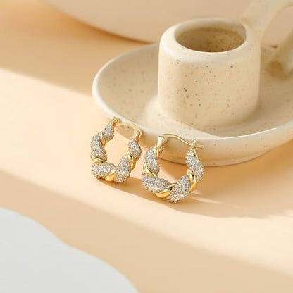 Chunky Gold Hoop Earrings for Women 14k Gold Plated Thick Triple Earrings | Hypoallergenic Trendy Chunky Gold Hoops Earrings,Dainty Jewelry Gifts for Women - style: Gold CZ Twisted Earring