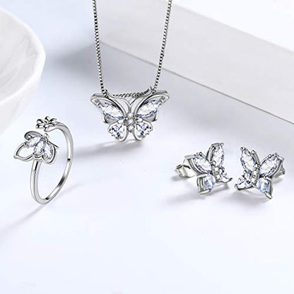 Aurora Tears Butterfly Jewelry,Women 925 Sterling Silver Butterflies Birthstone Pendant Necklace/Earrings/Rings Wedding Gift - color: D.April-set 2