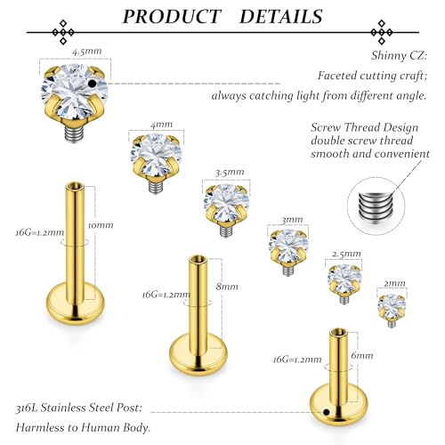 16G Lip Rings Stainless Steel Tragus Helix Conch Piercing Jewelry Snake Bite Piercing Monroe Lip Rings Labret Medusa Cartilage Lobe Earrings Piercing Jewelry CZ 2MM 2.5MM 3MM 3.5MM 4MM 4.5MM - color: 6MM 8MM 10MM Bar-Gold,2mm/2.5mm/3mm/3.5mm/4mm/4.5mm