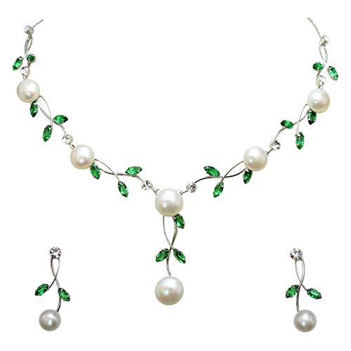 Faship Genuine Freshwater Pearls Floral Necklace Earrings Set | Premium CZ Crystal, Gorgeous, Sparkling - color: Green