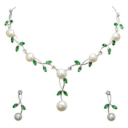 Faship Genuine Freshwater Pearls Floral Necklace Earrings Set | Premium CZ Crystal, Gorgeous, Sparkling - color: Green