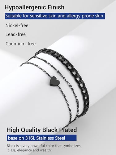 PROSTEEL Trendy Handcuffs Design/Customize Words Ankle Bracelet For Women, 316L Stainless Steel Anklets Silver/Gold/Black Tone, Hypoallergenic, Come with Box - style: 05.2 Layered-Cuban&Heart-Black