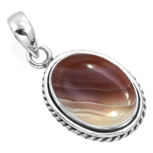 Chunky Natural Gemstone Pendant Necklace For Women Onyx, Turquoise, Amber, Garnet Oval Boho Genuine 925 Sterling Silver Handmade Jewelry - color: Botswana Agate