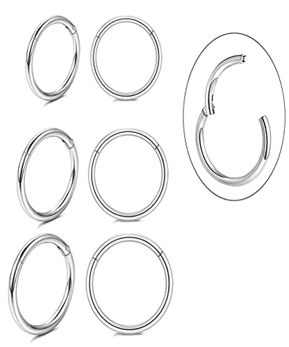 Unisex Dainty Tiny 18k Real Gold Plating Cartilage Huggie Hoop Earrings, 16G Surgical Steel Small Endless Hinged Hoops Earring for Earlobe Cartilage Helix Rook Daith Conch Nose Lip Body Piercing Jewelry - color: Silver 6/8/10mm